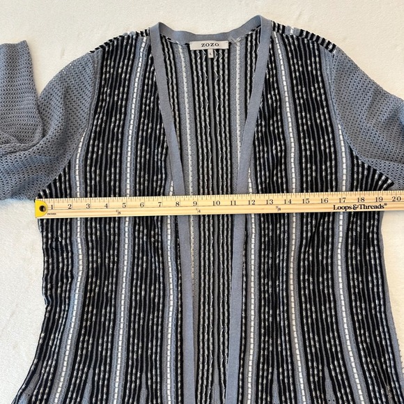 ZOZO Striped Linen Blend Knit Cardigan Open Front Gray Black White Womens L - Picture 5 of 9